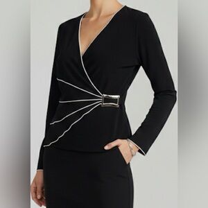 VTG Joseph Ribkoff Black Wrap Top with Silver Toned Buckle & White Piping Sz 10